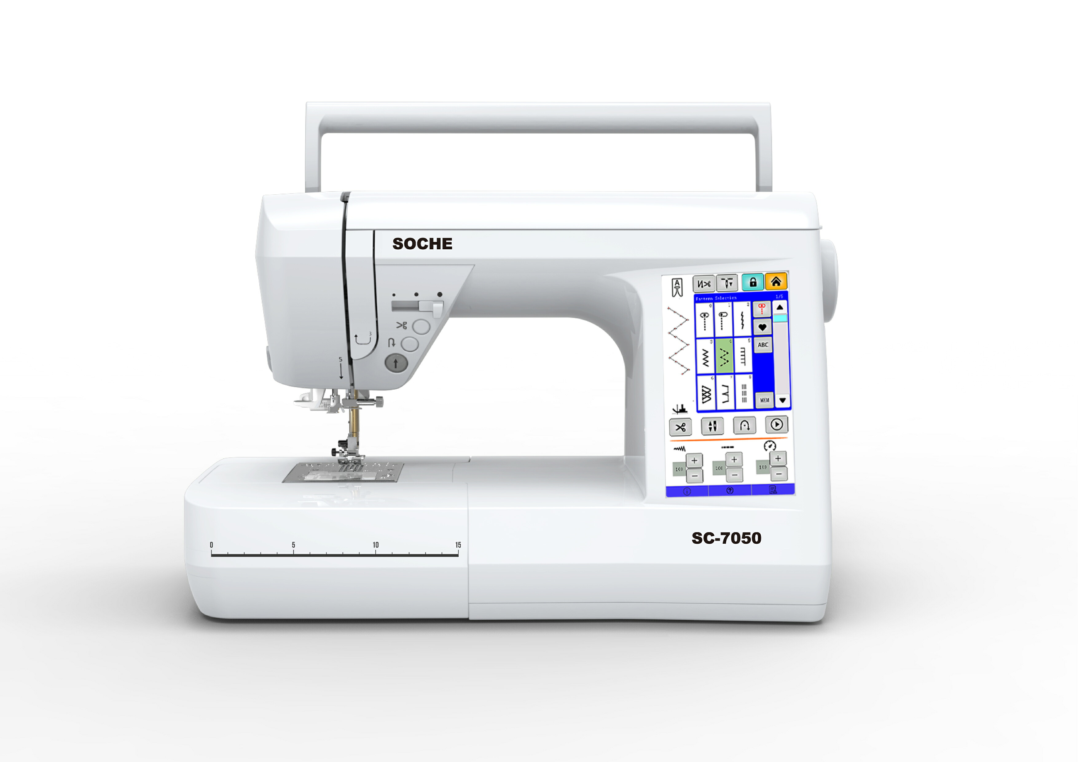 SOCHE　ソーチェ　SC-7050大型液晶タッチパネル家庭用コンピューターミシン5つのモーターで制御文字（英語/数字/かな）・柄縫いトータル180種類自動糸通し　自動糸切り　7枚歯ロング大型フットコントローラー付属LEDライト｜アパレル・手芸のプロ用具　「匠」