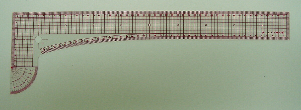 方眼L尺　透明 　15cm x 50cm 分度器付　 方眼定規　方眼尺　洋裁　赤メモリ　赤目盛