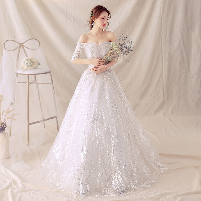ウエディングドレス ウェディングドレス ブライダルドレス 結婚式 ロングドレス ウェディングドレス wedding dress 花嫁 二次会ドレス 海外挙式 上品 オフショルダー 5分袖 披露宴 編み上げ 前撮り 海外挙式 エレガント クラシック 上品 シンプル セミオーダー｜ミートスウィート