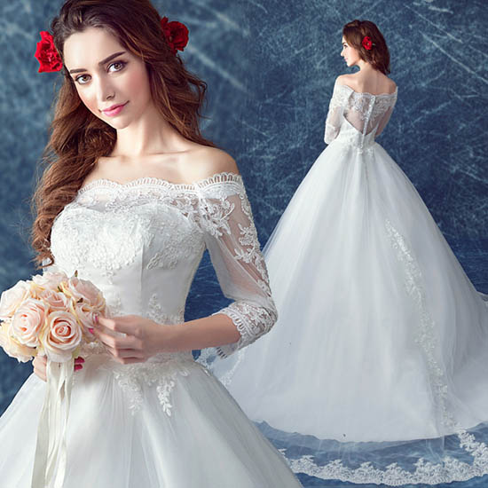 ウエディングドレス 花嫁 ウェディングドレス 6分袖 プリンセスラインドレス ホワイト 結婚式 ブライダル 二次会ドレス ロングドレス 披露宴 オフショルダー レース 前撮り 海外挙式 エレガント ボリューム プリンセスラインウェディングドレス 上品 セミオーダーふんわり｜ミートスウィート 11,918円