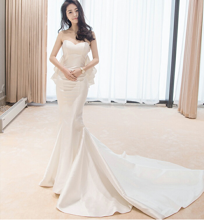 ロングドレス 二次会ドレス 花嫁 ウエディングドレス マーメイドドレス マーメイドラインドレス 結婚式 海外挙式 ウェディングドレス 披露宴 ビスチェ トレーン サテン 前撮り 海外挙式 前撮り 海外挙式 エレガント 細身 小さいサイズ セクシー オーダーメイド可能|ミートスウィート