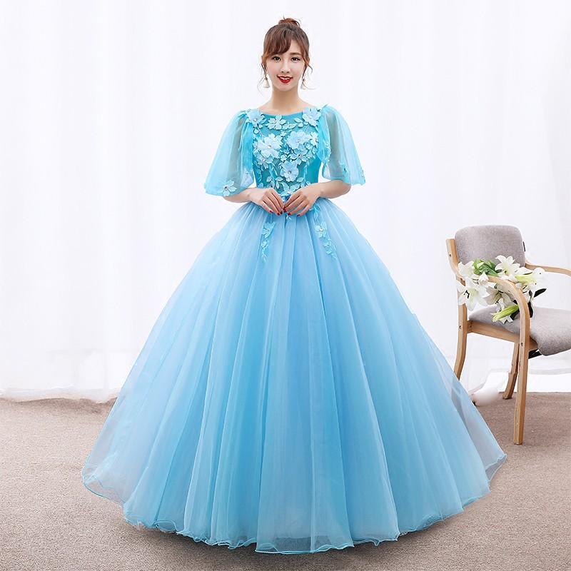 楽天市場】ウエディングドレス 半袖 カラードレス 青 コンサート 安い