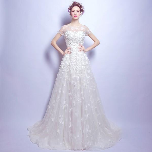 ウエディングドレス Aラインドレス 半袖 結婚式 花嫁ドレス ウエディングドレス 二次会 エンパイア ロングドレス ブライダル ウェディングドレス wedding dress 披露宴 前撮り ブライダルドレス 海外挙式 オーダーメイド オフホワイト 5号 7号 9号 11号 13号 15号 17号