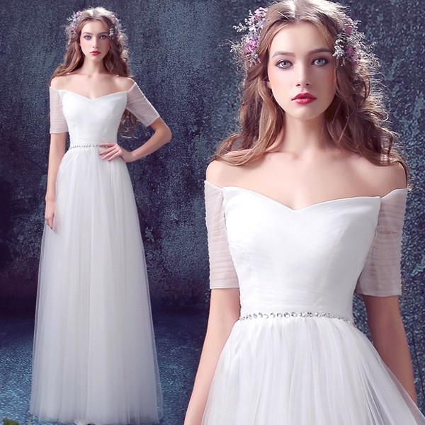 ウエディングドレス Aラインドレス 結婚式 二次会ドレス ロングドレス 花嫁 お呼ばれ服 パーティードレス ウェディングドレス 長袖 エンパイア サッシュリボン 披露宴 前撮り ブライダルドレス 海外挙式 オーダーメイド オフホワイト 5号 7号 9号 11号 13号 15号 17号｜ミートスウィート