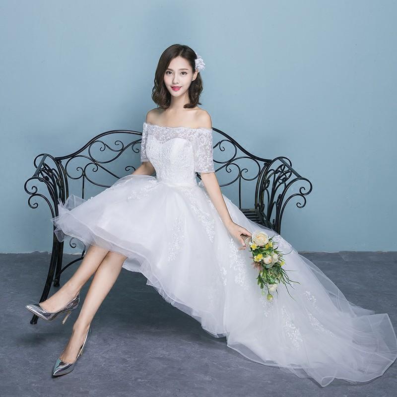 ウェディングドレス ロングドレス 半袖 安い エンパイア トレーンドレス 前ミニ ウエディングドレス 結婚式 パーティー 花嫁 二次会 ブライダル 大きいサイズ 付け袖 取り外し袖 アームカバー アームドレス 二の腕カバー 袖付き ドレスアレンジ 前撮り|ミートスウィート