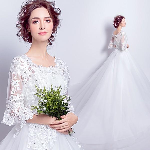 ウエディングドレス 長袖 二次会ドレス ウェディングドレス プリンセスラインドレス エンパイア 花嫁 結婚式 白 オフホワイト 披露宴 ロングドレス ブライダル 姫系 大きいサイズ 前撮り 海外挙式 エレガント ボリューム 姫風 ゴージャス 可愛い 上品 優雅 セミオーダー|ミートスウィート