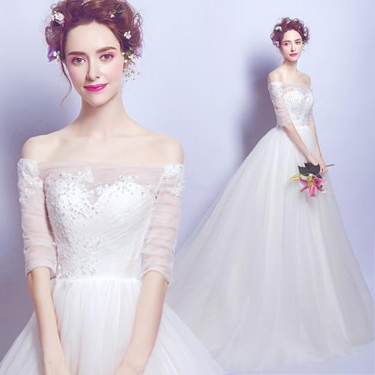 ウエディングドレス 袖付き 花嫁 結婚式 二次会ドレス ウェディングドレス プリンセスラインドレス エンパイア 白 オフホワイト 披露宴 ロングドレス ブライダル シンプルドレス 前撮り 海外挙式 エレガント ボリューム 姫風 ゴージャス 可愛い 上品 優雅 セミオーダー｜ミートスウィート