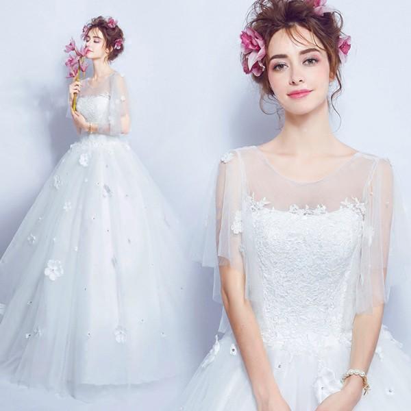 ウエディングドレス 結婚式 半袖 二次会ドレス ウェディングドレス プリンセスラインドレス エンパイア 花嫁 白 オフホワイト 披露宴 ロングドレス ブライダル 姫系 wedding dress 前撮り 海外挙式 エレガント ボリューム 姫風 ゴージャス 可愛い 上品 優雅 セミオーダー｜ミートスウィート 11,169円