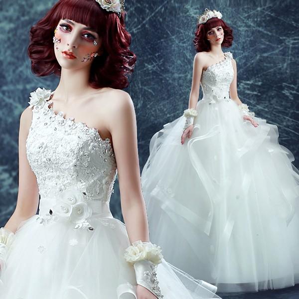 ウエディングドレス エンパイア 二次会ドレス ウェディングドレス 結婚式 プリンセスラインドレス 花嫁 披露宴 ロングドレス ブライダル 白 オフホワイト ワンショルダー 前撮り 海外挙式 エレガント ボリューム 姫系 ゴージャス 可愛い お姫様 上品 優雅 セミオーダー|ミートスウィート