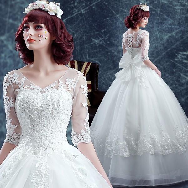 ウエディングドレス 袖あり エンパイア 二次会ドレス ウェディングドレス 秋冬 結婚式 プリンセスラインドレス 花嫁 披露宴 ロングドレス ブライダル 白 オフホワイト 大きいサイズ 前撮り 海外挙式 エレガント ボリューム 姫系 ゴージャス 可愛い 上品 優雅 セミオーダー|ミートスウィート