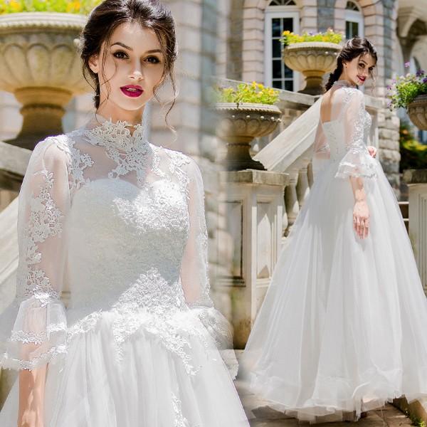 ウエディングドレス エンパイア 二次会ドレス ウェディングドレス 結婚式 プリンセスラインドレス 花嫁 披露宴 ロングドレス 長袖 ブライダル トレーン 白 オフホワイト wedding dress 前撮り 海外挙式 エレガント ボリューム ロマンチック 可愛い 上品 優雅 セミオーダー｜ミートスウィート 13,505円