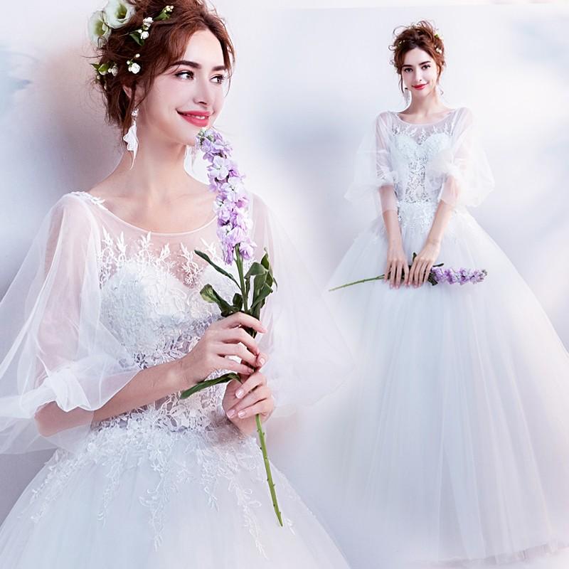 ウエディングドレス 袖あり エンパイア 二次会ドレス ウェディングドレス 結婚式 プリンセスラインドレス 花嫁 披露宴 ロングドレス ブライダル 白 オフホワイト ふわふわスカート 前撮り 海外挙式 エレガント ボリューム プリンセスウェディングドレス 上品 セミオーダー｜ミートスウィート