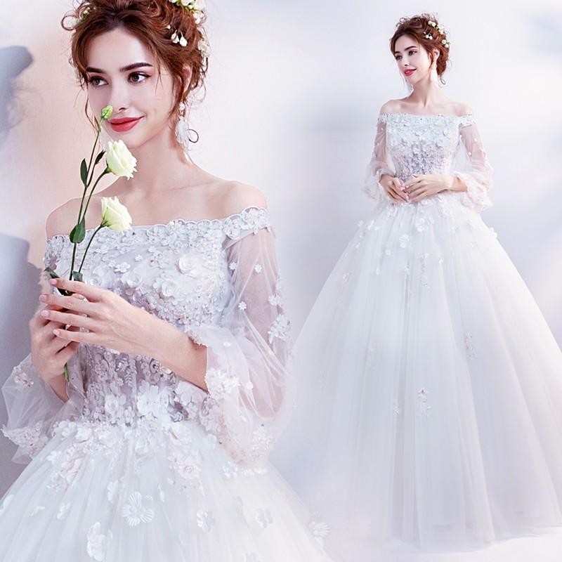 ウエディングドレス 結婚式 ワンショルダー 長袖 二次会ドレス ウェディングドレス プリンセスラインドレス 花嫁 披露宴 ロング ブライダル 白 オフホワイト 大きいサイズ 前撮り 海外挙式 エレガント ボリューム プリンセスラインウェディングドレス 上品 セミオーダー｜ミートスウィート