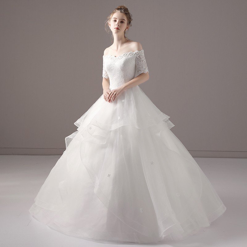 ウェディングドレス ロング 半袖 結婚式 ブライダル 花嫁 二次会ドレス プリンセスラインドレス 白 オフホワイト パーティードレス フォーマル 披露宴 イブニングドレス 前撮り 海外挙式 エレガント ボリューム プリンセスラインウェディングドレス 上品 セミオーダー｜ミートスウィート