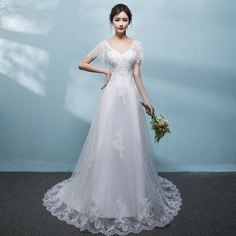 ウエディングドレス ウェディングドレス Aラインドレス 白 オフホワイト 半袖 花嫁 結婚式 パーティードレス 二次会ドレス ブライダルドレス ロングドレス イブニングドレス 前撮り 海外挙式 エレガント クラシック 上品 清楚 ナチュラル セミオーダー可能｜ミートスウィート