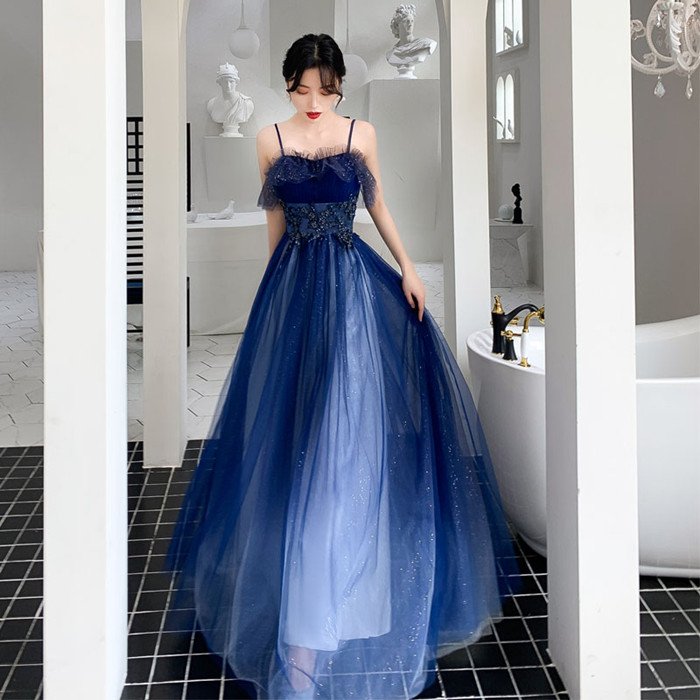 新品✨️青色フラワーパターン刺繍ロングドレス✨️パーティー 発表会 ブルー刺繍ロングドレス パーティードレス 演奏会 ワンピース Lady.Y