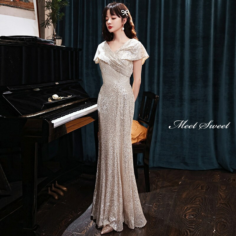カラードレス ロングドレス シャンパン スパンコール マーメイドドレス ウェディングドレス ウエディングドレス 結婚式 二次会 花嫁 キラキラ イブニングドレス 演奏会 発表会 披露宴 前撮り ブライダル 半袖 ファスナー ベージュ ゴールド おしゃれ パーティードレス|ミートスウィート