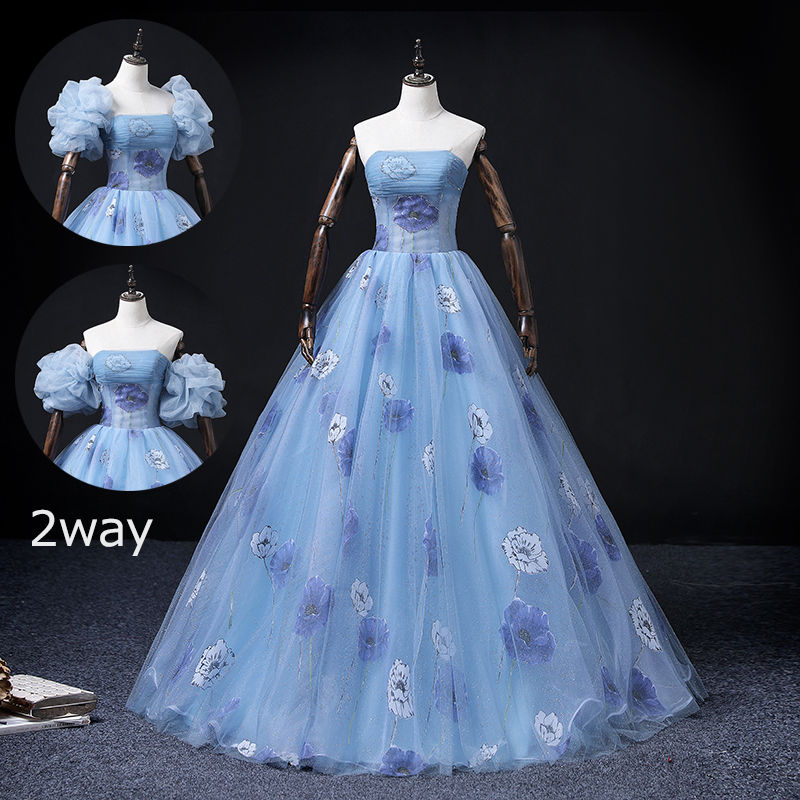 楽天市場】カラードレス 2way 付け袖 ブルー 編み上げ ロングドレス