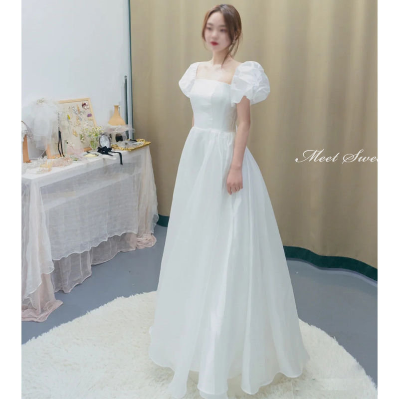 ウェディングドレス 新婦 ロングドレス パフスリーブ Aラインドレス 結婚式 ウエディングドレス 二次会ドレス 花嫁 前撮り エレガント ホワイト 可愛い リゾート ワンピース 白 披露宴 ブライダルドレス 海外挙式 セミオーダー おしゃれ エレガンス wedding dress｜ミートスウィート