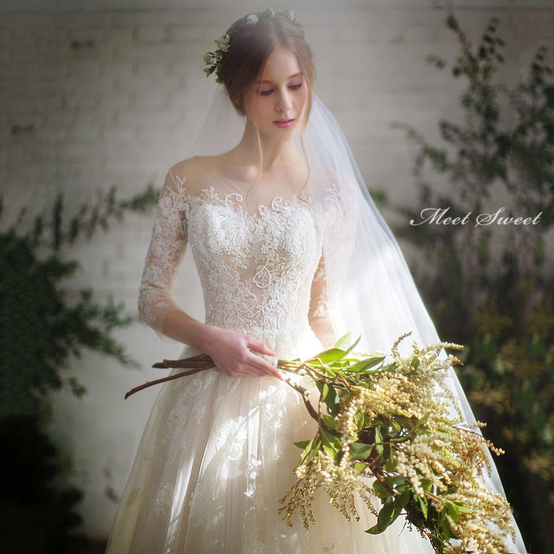 ウェディングドレス 花嫁 二次会ドレス ウエディングドレス 結婚式 新婦 ロングドレス Aラインドレス チュール レース トレーンドレス 6分袖 海外挙式 披露宴 ブライダルドレス 編み上げ 大人 前撮り エレガント セミオーダー おしゃれ エレガンス wedding dress|ミートスウィート