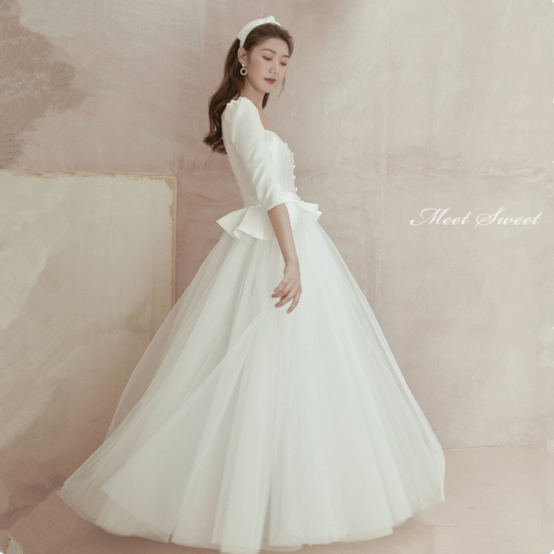 ウェディングドレス 花嫁 二次会ドレス ウエディングドレス 結婚式 新婦 ロングドレス Aラインドレス サテン＋チュール ペプラム 5分袖 前撮り 披露宴 ブライダルドレス 白 オフホワイト 編み上げ エレガント 海外挙式 セミオーダー おしゃれ エレガンス wedding dress