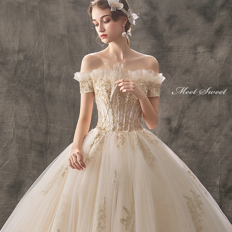 ウェディングドレス 花嫁ドレス 二次会ドレス ウエディングドレス 結婚式 ロング丈 ロングドレス プリンセスラインドレス オフショルダー ベージュ 海外挙式 披露宴 ブライダルドレス 編み上げ 豪華 前撮り エレガント セミオーダー ボリューム クラシカル 王道 上品|ミートスウィート