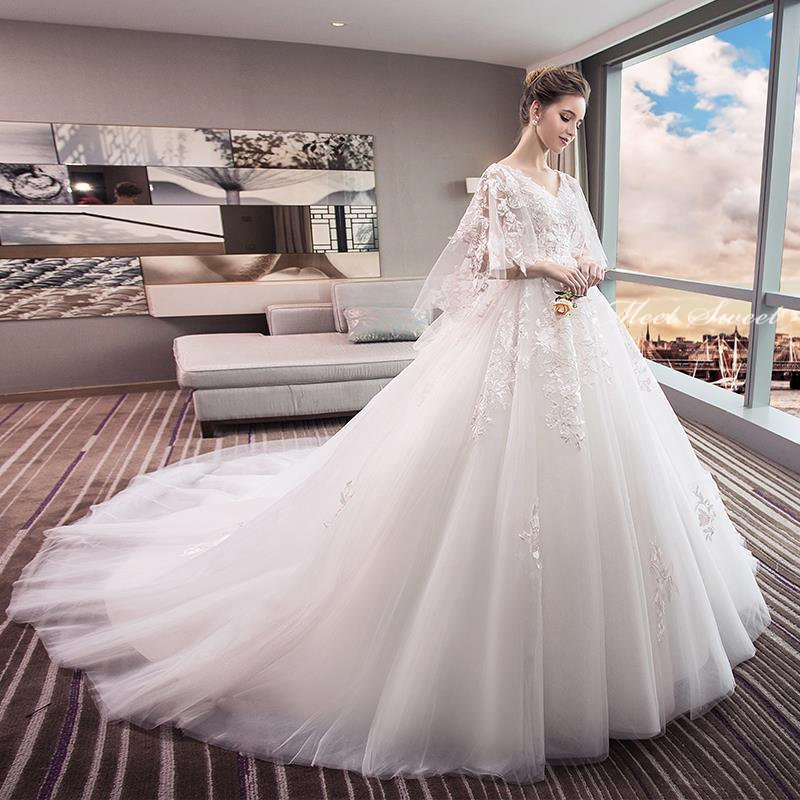 ウェディングドレス 花嫁ドレス 二次会ドレス ウエディングドレス 結婚式 ロング丈 ロングドレス プリンセスラインドレス ベルスリーブ トレーン 海外挙式 披露宴 ブライダルドレス ホワイト 前撮り エレガント セミオーダー ボリューム クラシカル 王道 正統派 上品|ミートスウィート
