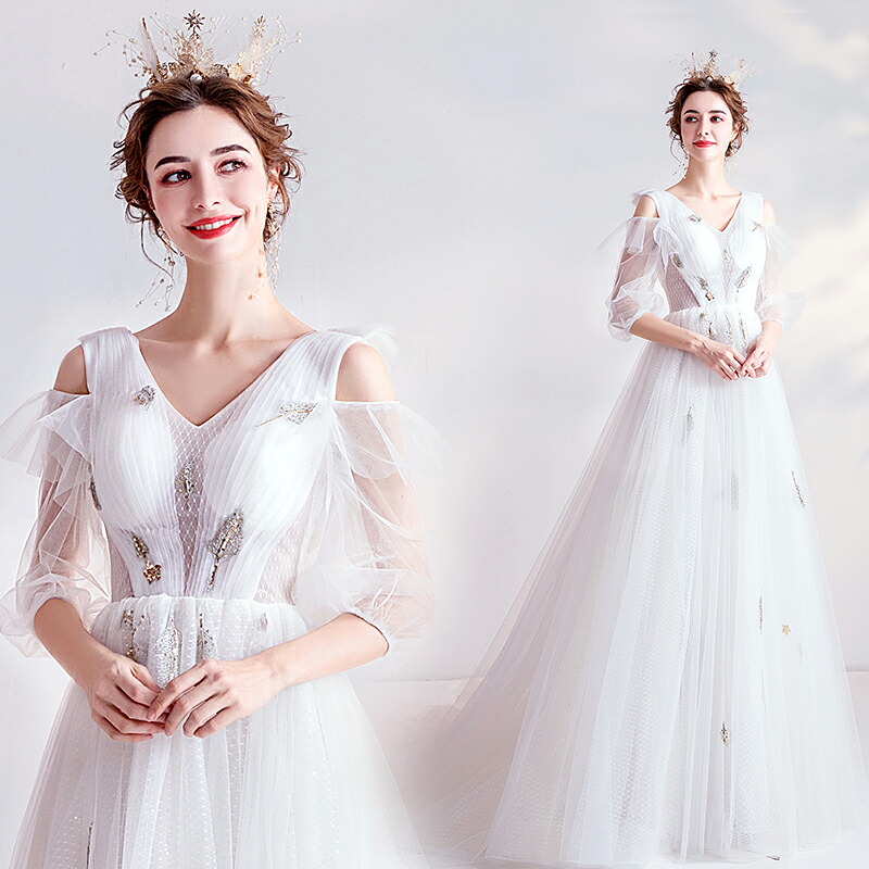 ウエディングドレス ウェディングドレス オフホワイト レース 結婚式 花嫁 ロングドレス ブライダル 二次会ドレス パーティードレス 披露宴 プリンセスドレス プリンセスラインドレス オフショルダー 大きいサイズ 前撮り 後撮り フォトウェディング wedding dress｜ミートスウィート
