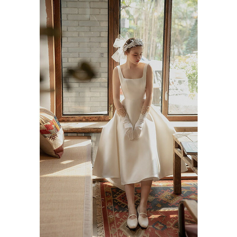 ウェディングドレス 二次会ドレス 花嫁 結婚式 Aラインドレス ミモレ丈 ウエディングドレス 後撮り リボン シンプル エレガント 披露宴 発表会ドレス 可愛い おしゃれ 前撮り フォトウェディング wedding dress 海外挙式 小さいサイズ 1.5次会 フォト婚 大きいサイズ|ミートスウィート