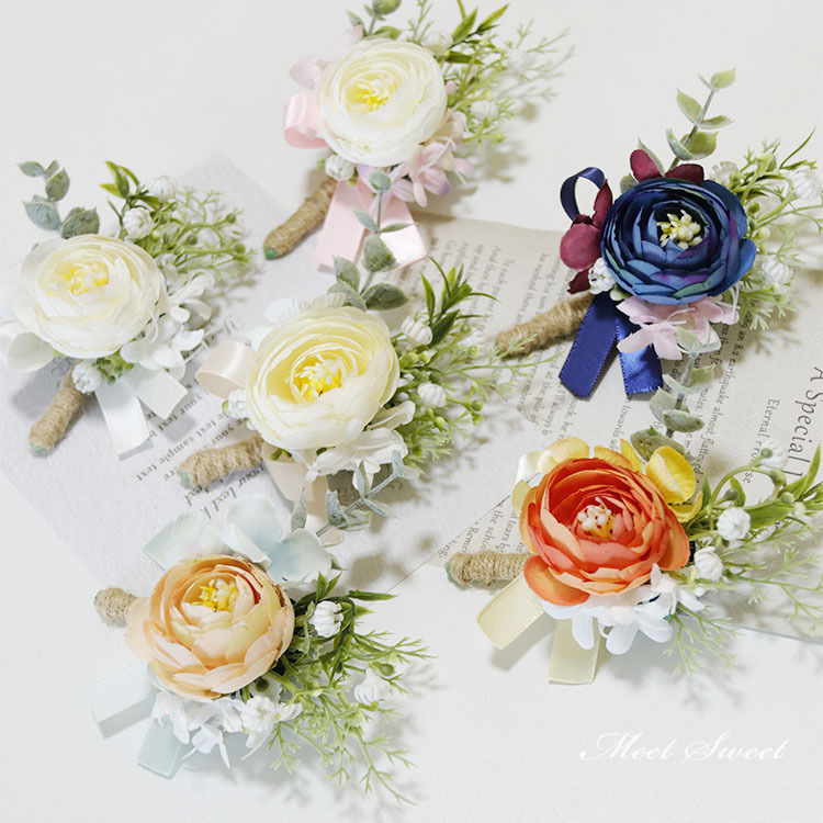 ブートニア リストブーケ 6色 二次会 結婚式 ウェディング 花嫁 新郎 花婿 介添え ブライズメイド 披露宴 ウエディング 造花 ブライダル  オレンジ ホワイト 青 ミートスウィート