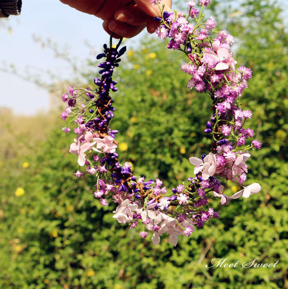 ウェディング パープル 花冠 ピンク 花かんむり 花輪 リゾート 子供花冠 造花 ヘッドドレス 髪飾り 花嫁 二次会 結婚式 フェス  森ガール ボヘミア 手作り キット ミートスウィート