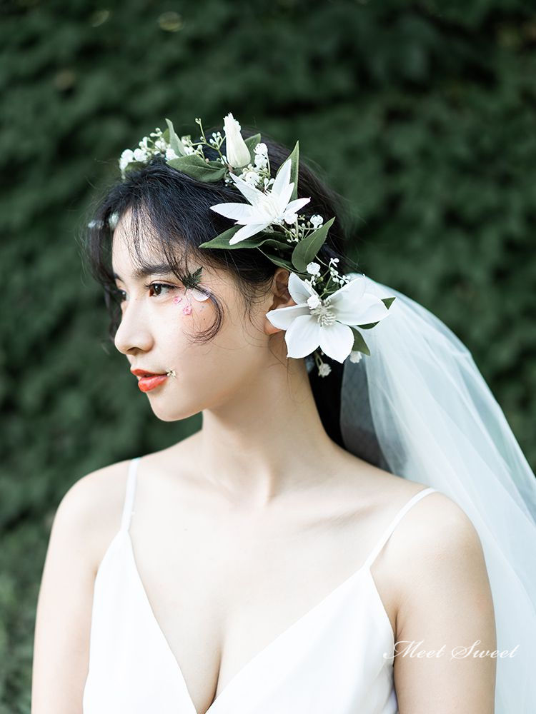 手作り 百合 花かんむり フラワーベール ウェディング ヘッドドレス 花かんむり 造花 花冠 ヘアピン 髪飾り リゾート 花嫁 二次会  結婚式 水着花冠 前撮り ミートスウィート