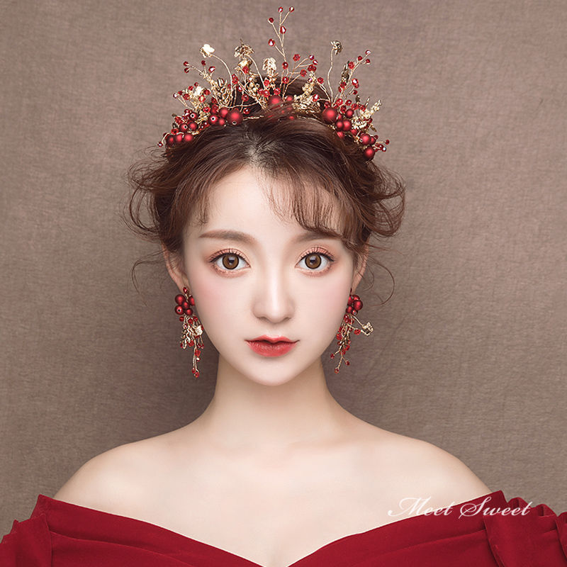 ティアラ＋イヤリング ウェディング小物 ヘアアクセサリー ヘッドドレス 結婚式 二次会 披露宴 花嫁 ブライダル ウエディング パーティー  赤 レッド クラウン ミートスウィート