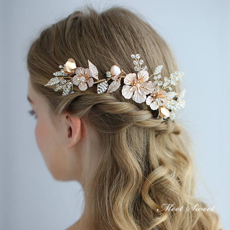 ヘアバンド＋Uピン 髪飾り フラワー ヘアアクセサリー ピンクゴールド ウエディング ブライダル パーティー 二次会 成人式 結婚式 花嫁 発表会 演奏会 披露宴