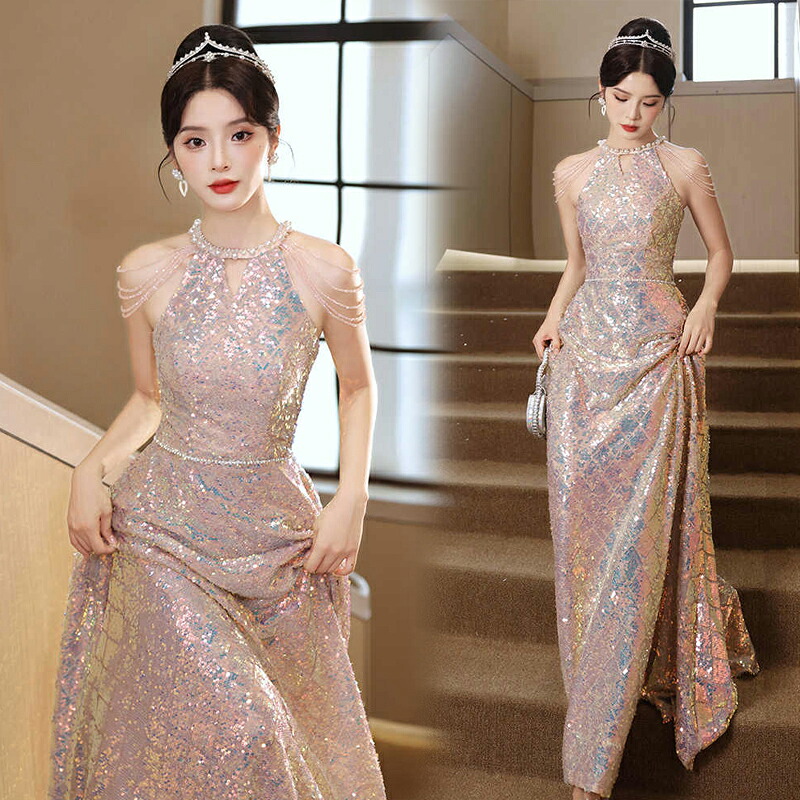 色合い御召しもの スレンダードレス ジッパー ホルターネック ビーズ スパンコール 派手 マーメード姫風 寄り合い御召しもの 前撮り ロング御召しもの 華燭の典 二次会 告げ知らせる会 逢魔が時御召しもの キラキラ 進行係り 成年者式 卒式 さくら色 成年者 好いたらしい 窈窕たる 流行り物