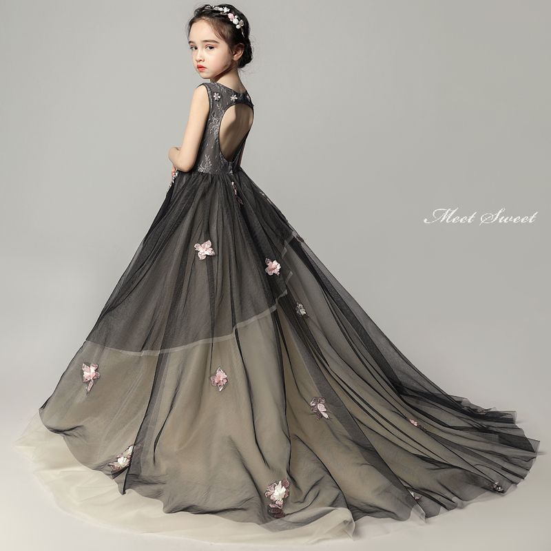 子供ドレス 花飾り ピアノ発表会 ロングドレス キッズドレス 女の子 ロング丈 フォマールドレス ブラック フラワー ガールズ トレーン ノースリーブ ステージ フォーマルドレス コンクール 結婚式 七五三 フラワーガール ジュニア ワンピース お姫様|ミートスウィート