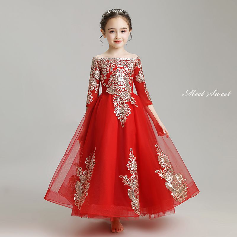 子供ドレス 花飾り ピアノ発表会 ロングドレス キッズドレス 女の子 ステージ衣装 フォマールドレス ガールズ ワンピース イベント 赤 レッド 演出服 90-160 フォーマルドレス コンクール 結婚式 七五三 フラワーガール ジュニア プリンセス|ミートスウィート