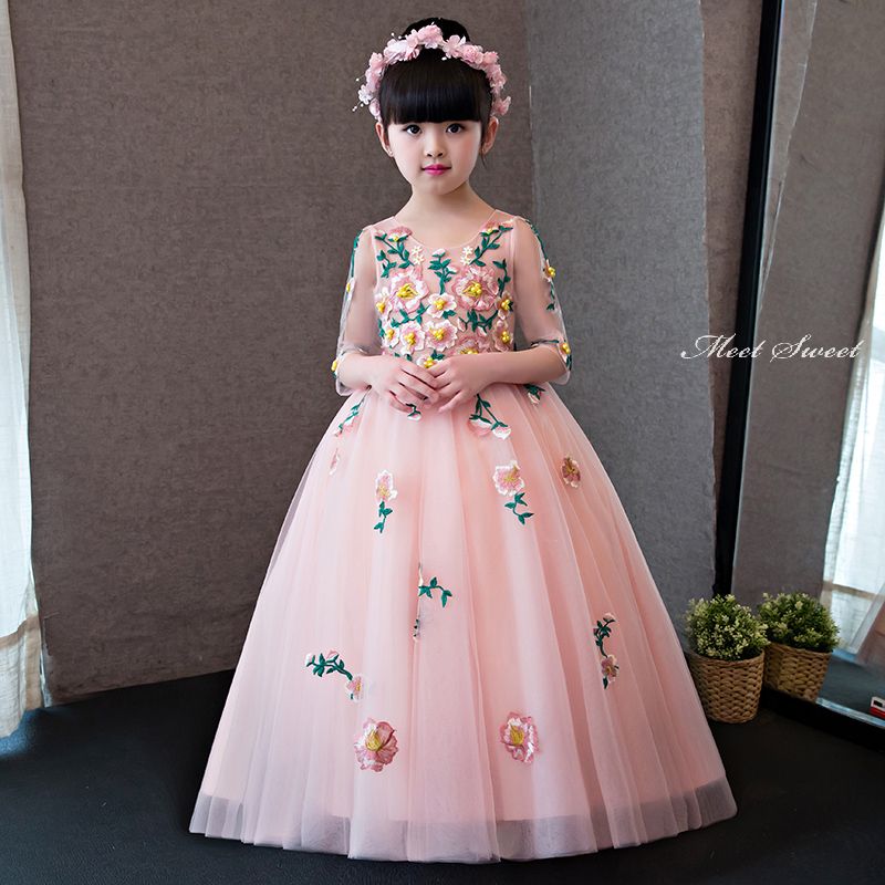 子供ドレス 花飾り ピアノ発表会 ロングドレス キッズドレス 女の子 ピンク フォマールドレス ガールズ ワンピース お誕生日会 セレモニー 舞台衣装 イベント フォーマルドレス コンクール 結婚式 七五三 フラワーガール ジュニア プリンセス お姫様｜ミートスウィート