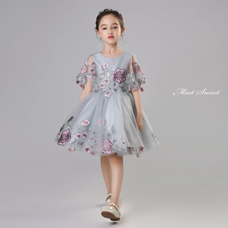 ドレス ピアノ発表会 子供 女の子 子供ドレス ワンピース 衣装 花柄刺繍 グレー 結婚式 コンクール 発表会 パーティー フォーマルドレス 子ども キッズドレス 七五三 フラワーガール ジュニア プリンセス お姫様 撮影衣装 入学式 卒業式 誕生日｜ミートスウィート