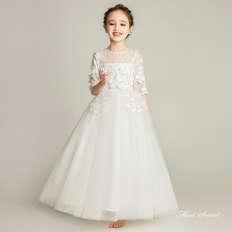 発表会 ピアノ発表会 子供ドレス 女の子 発表会ドレス 入学式 結婚式 七五三 演奏会 子ども服 ドレス フォーマル フラワーガール 袖あり レース ブライダル 白 キッズドレス フォーマルドレス コンクール ジュニア ワンピース プリンセス お姫様|ミートスウィート