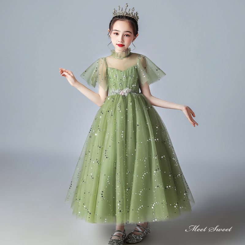 子供ドレス グリーン ピアノ発表会 ロングドレス チュールワンピース 結婚式 キッズドレス Aライン 演奏会 フォマール 女の子 子ども パーディードレス ガールズ フォーマルドレス コンクール 七五三 フラワーガール ジュニア プリンセス お姫様｜ミートスウィート