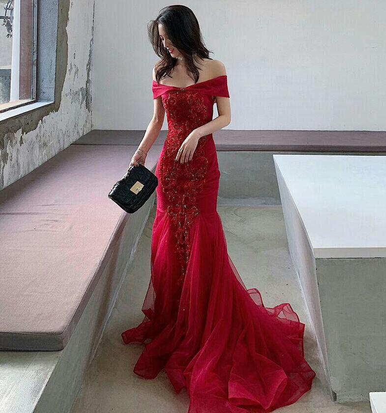 ウエディングドレス ロングドレス 二次会ドレス カラードレス ウェディングドレス 結婚式 イブニングドレス マーメイドドレス マーメイドラインドレス ステージドレス 発表会ドレス 花嫁 赤 ワインレッド オフショルダー 演奏会 パーティードレス 披露宴 コンサート