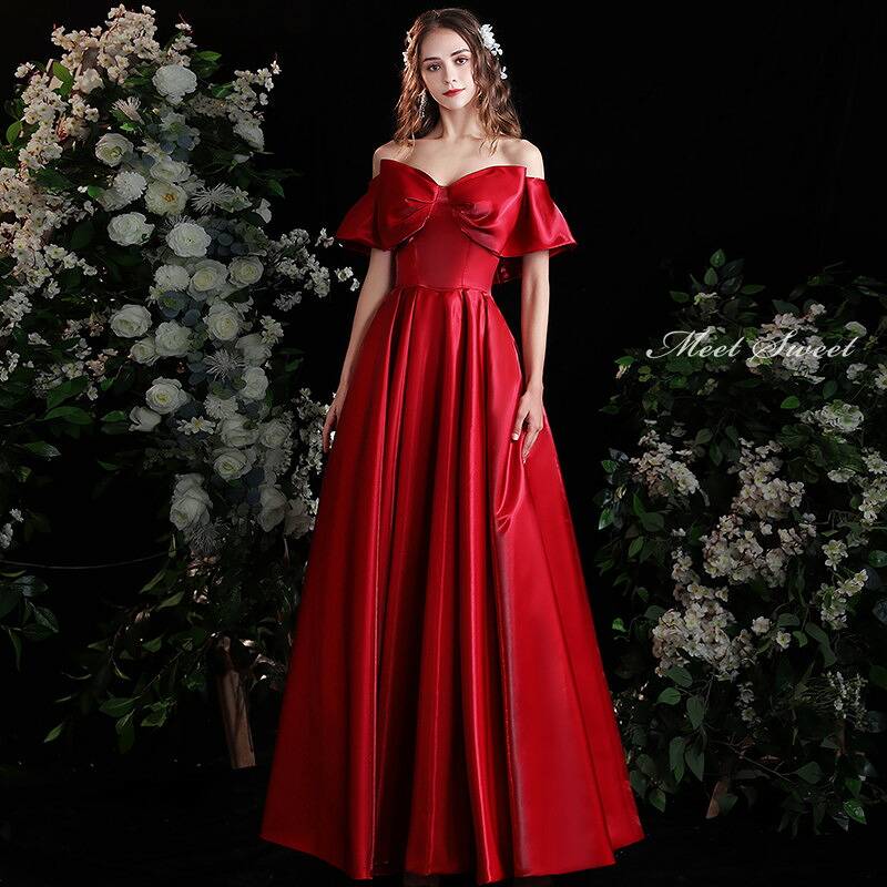 カラードレス ウェディングドレス ウエディングドレス イブニングドレス Aラインドレス 赤 ワインレッド オフショルダー 編み上げ 発表会 演奏会 結婚式 二次会パーティードレス ロングドレス カクテルドレス サテン ブライダル コンクール コンサート 前撮り 花嫁｜ミートスウィート