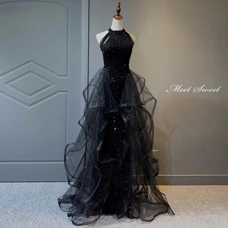 楽天市場】カラードレス ブラック 半袖 黒 スパンコール ロングドレス