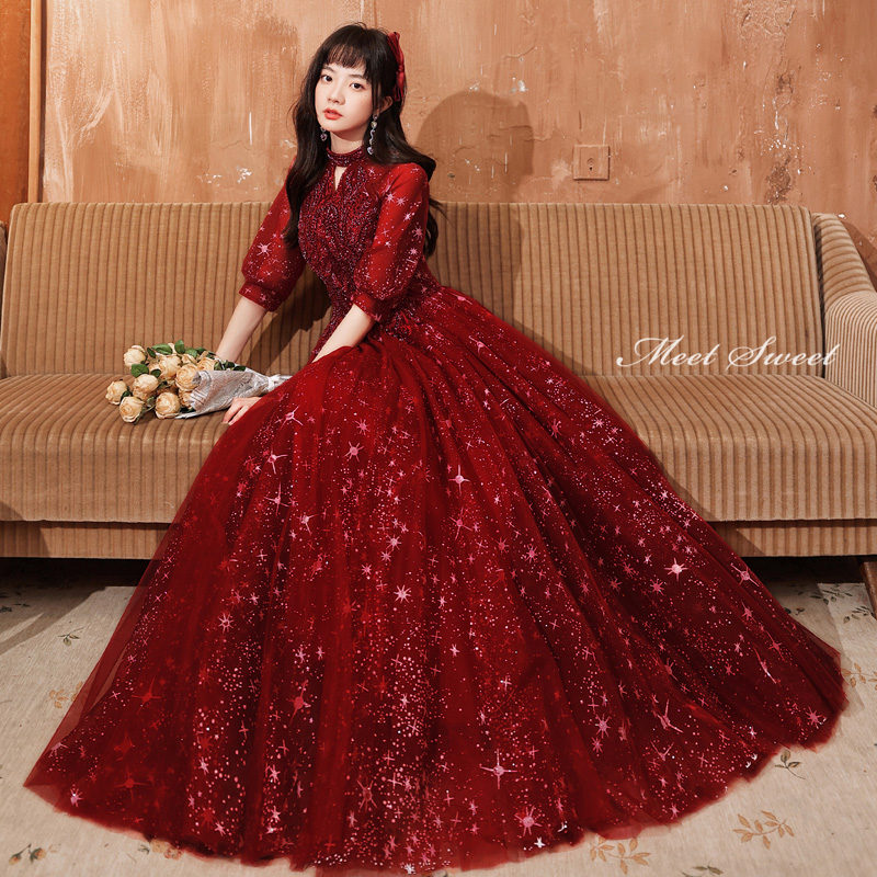 レッド ウェディングドレス タイト スリーブ 結婚式 cd2902.jpg