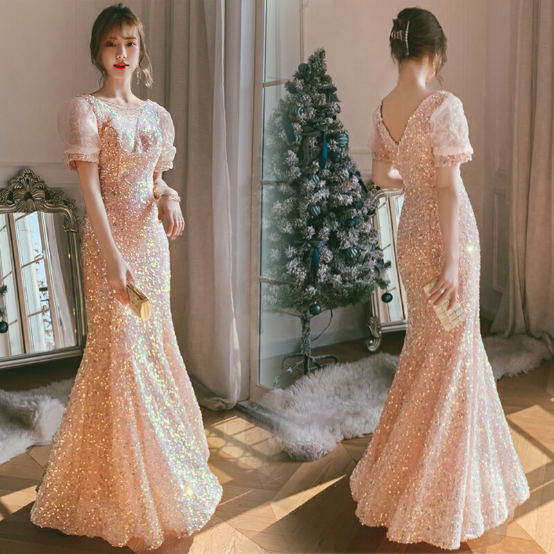 カラードレス ファスナー パーティードレス フォーマルドレス ロングドレス パフスリーブ 半袖 結婚式 二次会 発表会 スパンコール ゴールド マーメイドドレス ゲストドレス ウェディングドレス ウエディングドレス イブニングドレス 演奏会 披露宴 Aラインドレス