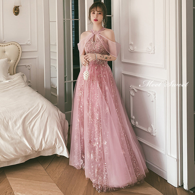 カラードレス ロングドレス 袖あり ピンク ウェディングドレス ロング丈 パーティードレス 大きいサイズ ピアノイブニングドレス - 4