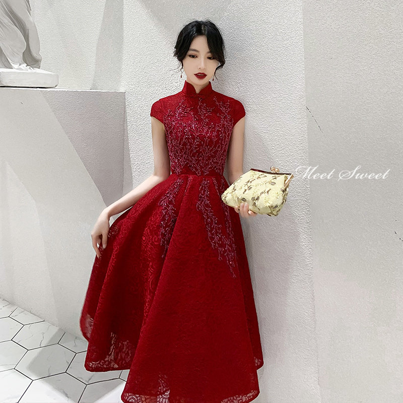 カラードレス ファスナー パーティードレス フォーマルドレス ミディアムドレス チャイナ風ワンピース 半袖 ハイネック 結婚式 発表会 演奏会 赤 ワインレッド ゲストドレス ウェディングドレス カクテルドレス ブライダル お呼ばれドレス セレモニー 二次会 披露宴