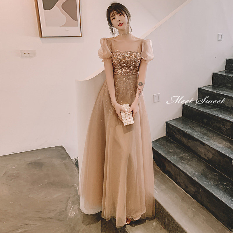 カラードレス 編み上げ パーティードレス フォーマルドレス ロングドレス シャンパン 半袖 スパンコール ブラウン 結婚式 二次会 発表会 カクテルドレス お洒落 ゲストドレス ウェディングドレス ウエディングドレス イブニングドレス 演奏会 披露宴 Aラインドレス