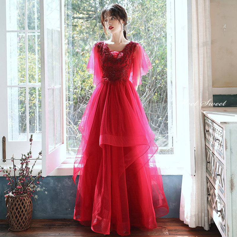 色つや御召しもの チャック 寄り合い御召しもの マタニティドレス ロング御召しもの ブドウ酒赤いこと フラウンス袖 華燭の典 二次会 告げ知らせる会 花嫁御寮 お客さま御召しもの 華燭の典御召しもの お客さま御召しもの 華燭の典 夕間暮れ御召しもの 掻き鳴らす会 交歓会 A伝達ルート御召しもの 赤 フォーマルドレス 上演